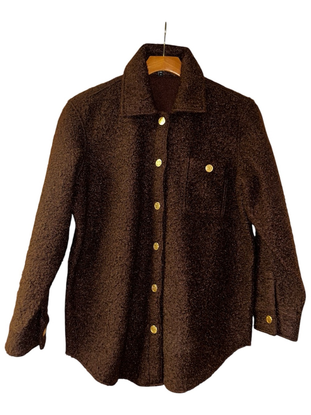 Express Dark Brown Sherpa Shirt Jacket with Gold Buttons
